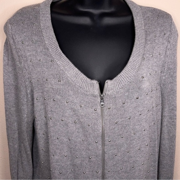 Petite Large Talbots Grey Silver Studded Cardigan Sweater Knit Zip Front Closure - Picture 6 of 13